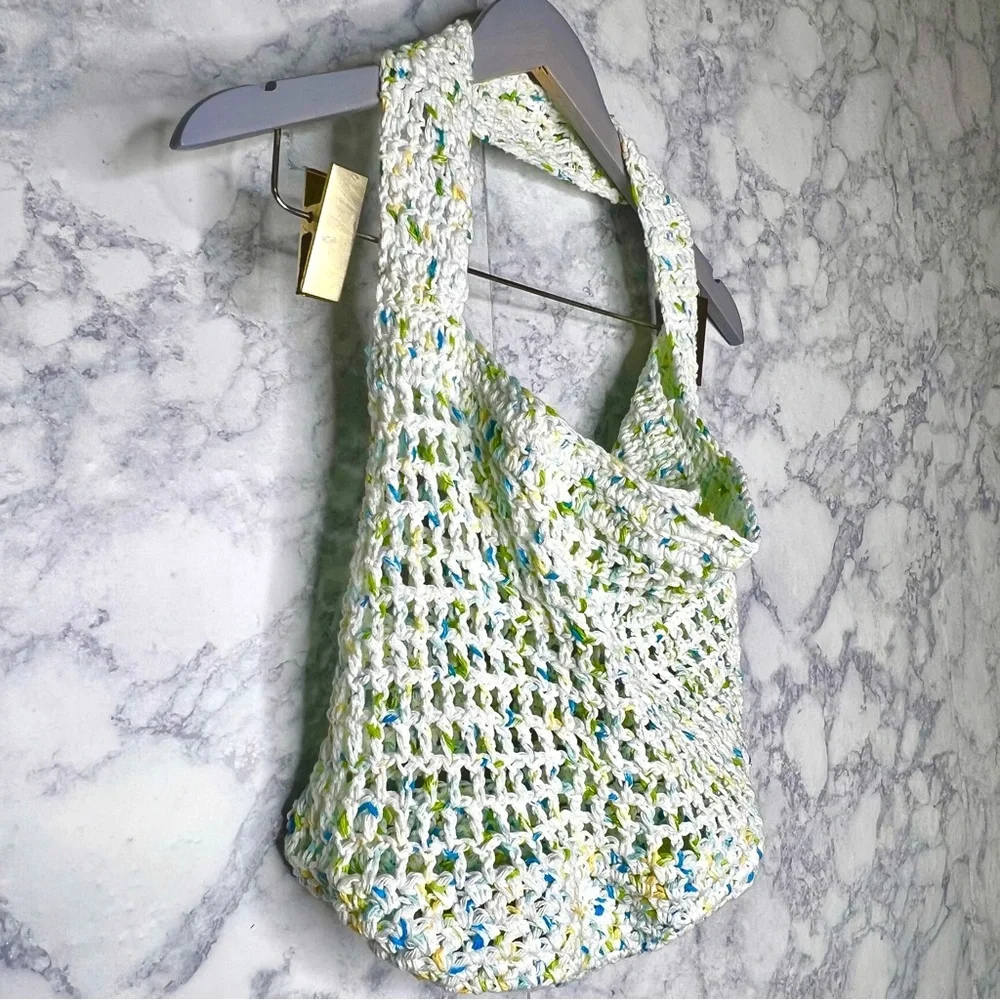 Handmade Crochet Market Beach Eco Friendly 100% Cotton Tote Bag PinkRainCloud